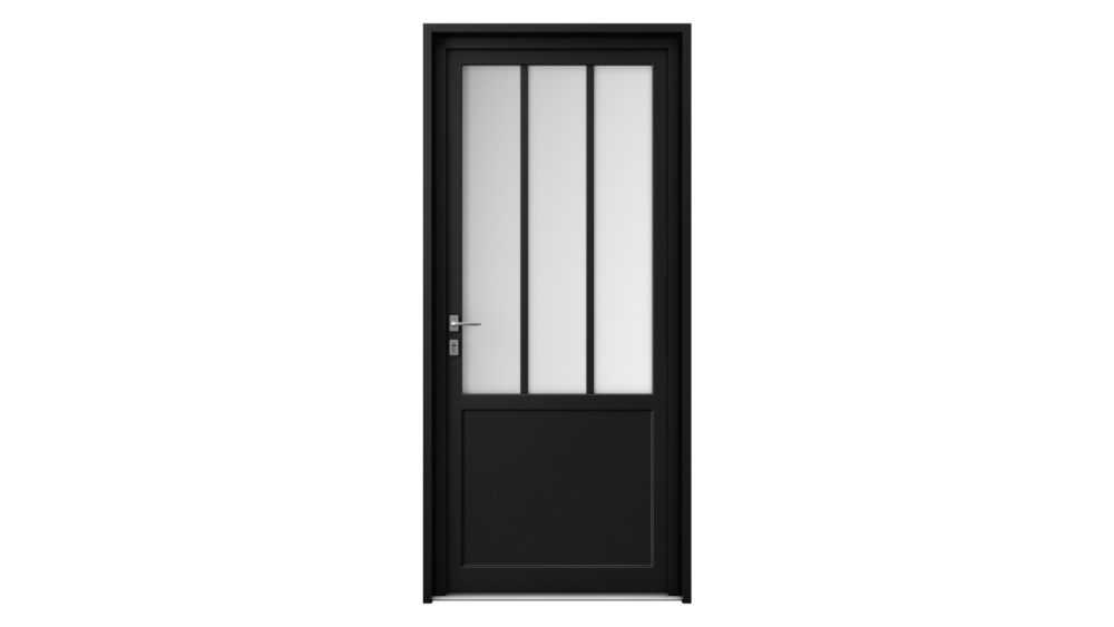 Porte d'entrée parclosé gamme lumière PONZA Porte d'entrée foncée avec partie pleine en bas et partie vitrée divisée en 3 en haut